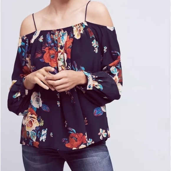Anthropologie Tops - Anthropologie Maeve Blue Tallie Open  Shoulder Silk Blouse xs